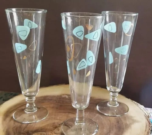 Vintage Federal Glass Atomic Boomerang Amoeba Pilsner Glasses MCM Set Of 3 Bl/gd