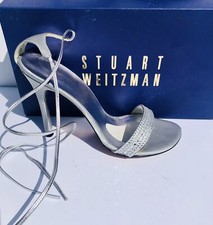 Stuart Weitzman silver heels with ankle wrap and crystals sz 8 eu 38