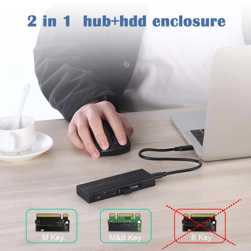 Usb Hub 5 In 1 With Caddy Enclosure Ssd M.2 Sata Nvme Pcie 2280 Micro Sd Reader
