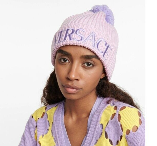 NEW $495 VERSACE Light Pink & Lavender 100% Wool Knit POM POM LOGO