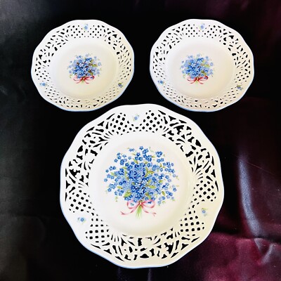 3 Schumann Bavaria Germany Forget Me Not 1 Dinner + 2 Desser Plates Pierced RARE