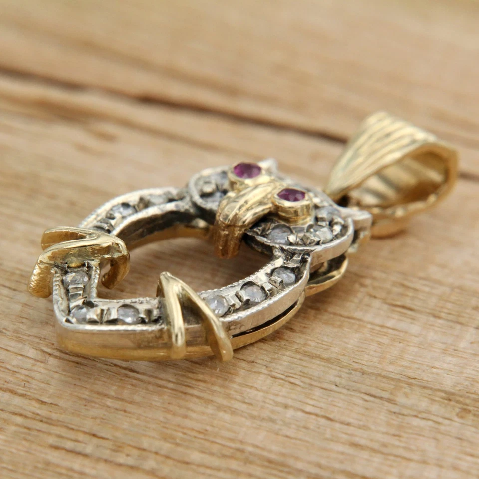 Pendentif en OR Jaune 14 Carats k RUBIS et DIAMANT Hibou Chouette Porte Bonheur - Photo 3/4