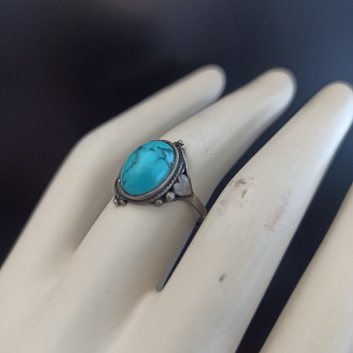 Vintage Silver Ring Turquoise Silver 925 Romantic Deco 9 Oval Boho Patina Retro - Picture 8 of 16