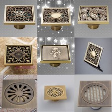 Antique Brass Flower Carved Bathroom Shower Waster Floor Drain Grates Square
