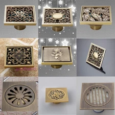 Carved Square Antique Brass Bathroom Floor Mount Drain Shower Water Drainage Use