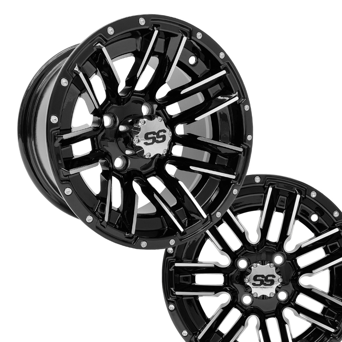 Golf Cart Wheels 12" Sledge Machine/Black on 23" A.T. Tires Lifted Set