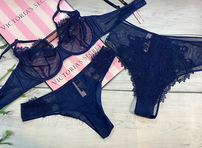 Victorias Secret Luxe Lingerie Unlined Dragon Lace Bra 3 piece Set Mesh Blue 