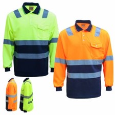HI VIS Long Sleeve Workwear Shirt w Reflective Tape Cool Dry Safety Polo 2 Tone