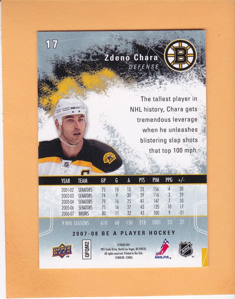 ZDENO CHARA 2007-08 UPPER DECK BE A PLAYER #17 BOSTON BRUINS NM-MT - Image 2 of 2