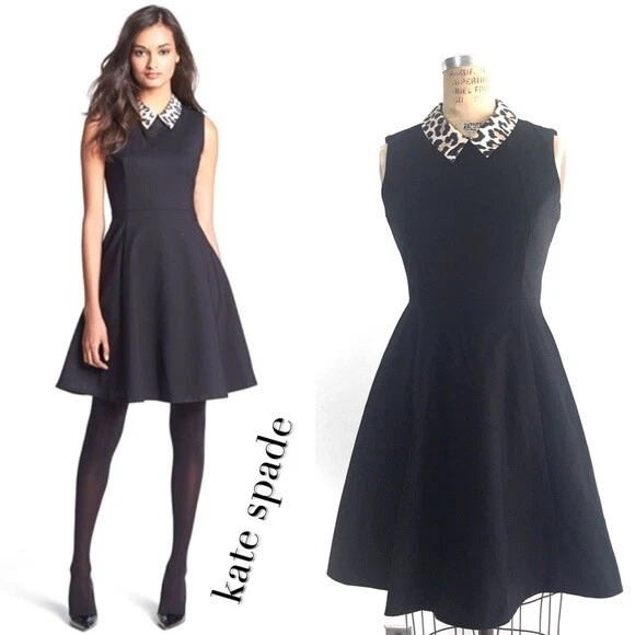 Abito Kate Spade nero Rissa Fit Flare Lepord foderato con colletto posteriore con cerniera taglia 2