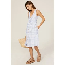 LOVE WHIT Blue Plaid Checkered Tie Front Cotton V-Neck Midi Dress Size Medium 