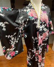 Japanese Kimono haori light jacket Robe black Birds pink peony Geisha costume