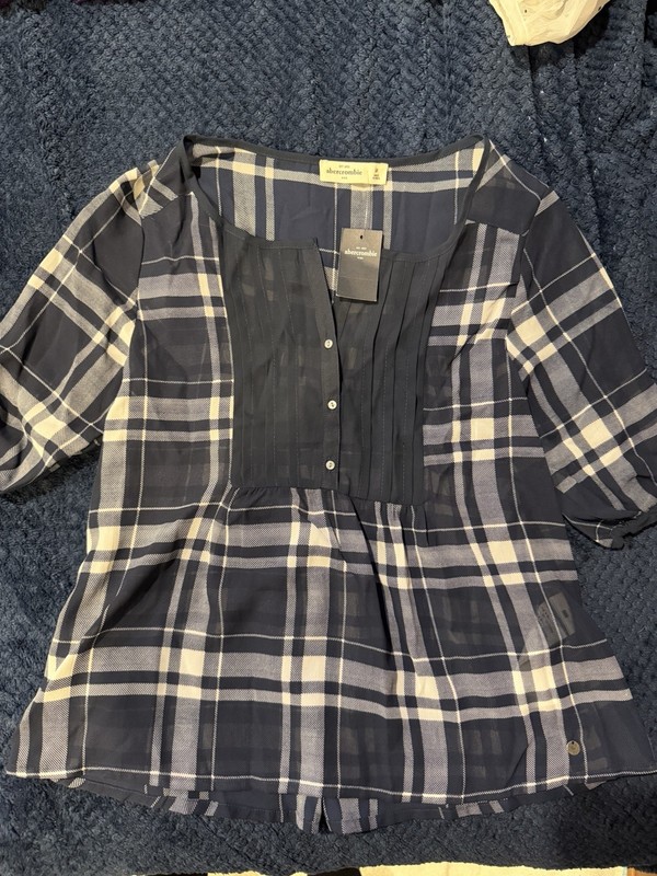 ABERCROMBIE Blouse M MEDIUM Kids Girls Plaid Sheer 3/4 Sleeves