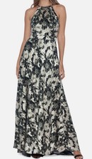 Betsy & Adam Halter Metallic Print Wrap Overlay Gown Size 8 Green/Gold NWT