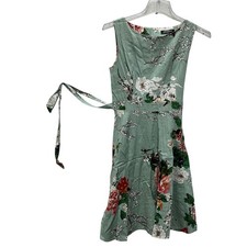 OWIN Dress Womens Medium Green Floral Fit Flare Belted Sleeveless Sundress