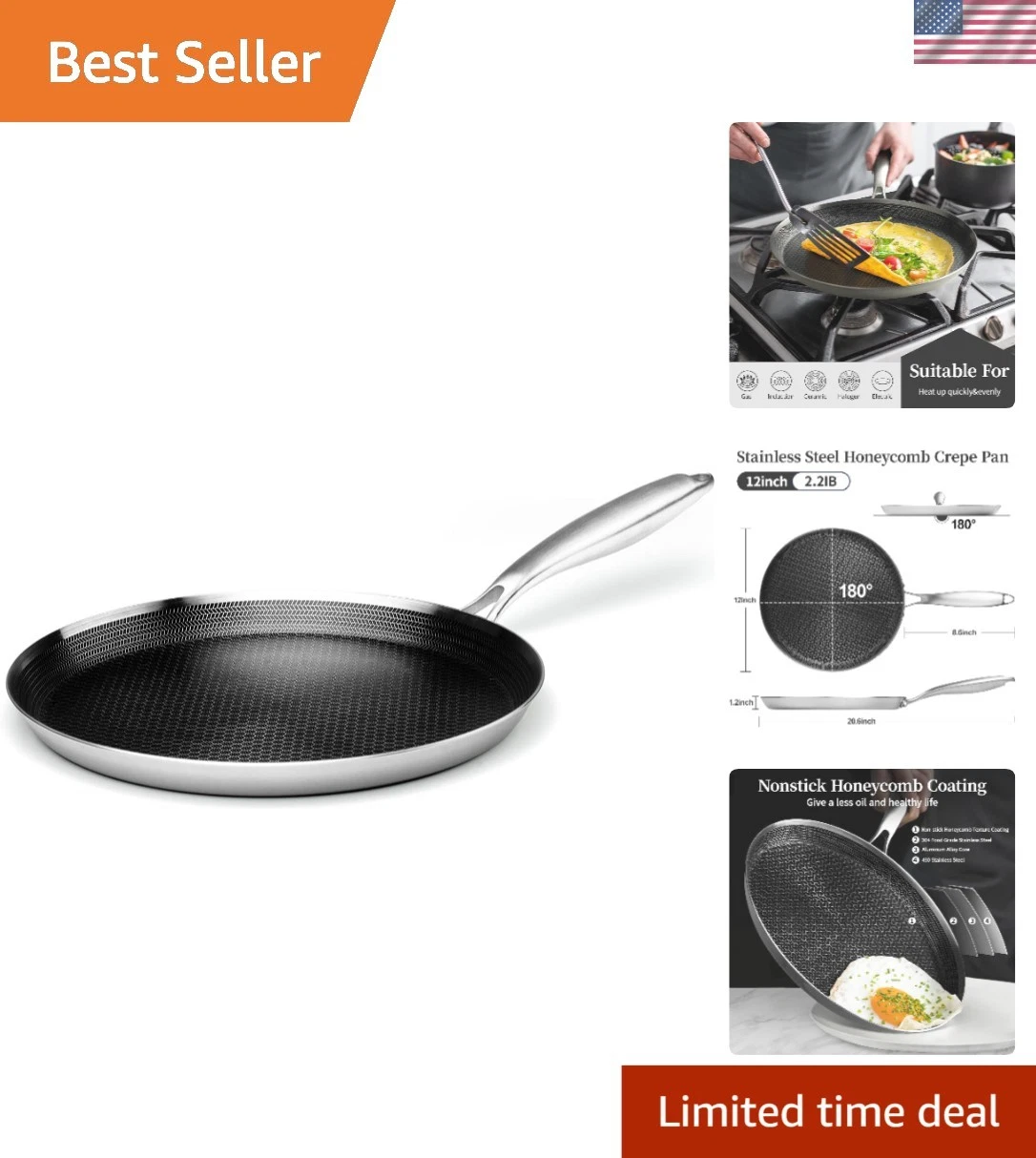 Stainless Steel Crepe Pan - 12 Inch Nonstick Crepe Pan, Stainless Steel Honey...