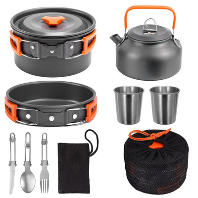 2-3 Person Camping Kochgeschirr Kochtopf Outdoor-Töpfe Bratpfanne Kettle Set DE