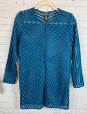 CHICO'S TRAVELERS blue teal striped mesh long sleeve cardigan blazer 0 S NWOT