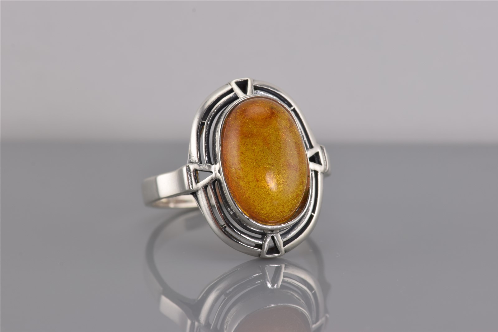 Sterling Silver Openwork Oval Bezel Speckled Ambe… - image 1