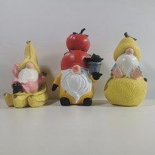 Set of 3 Fruit Vegetable Garden Gnomes Gonks Resin Ornaments Banana Tomato Lemon