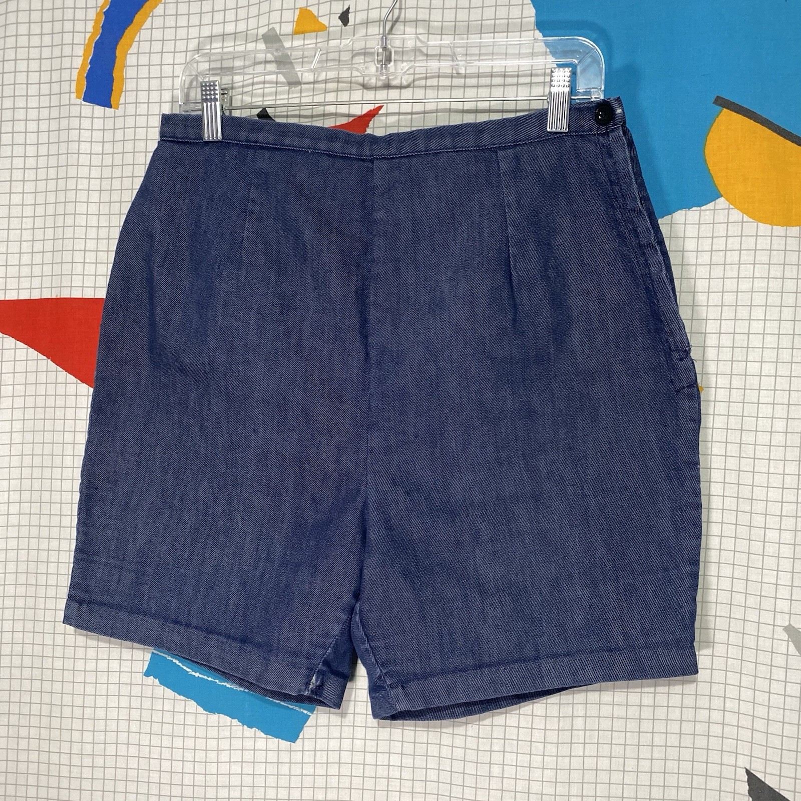 Vintage 50s Carol Brent Denim Shorts Side Zip 30 Large High Waist Pleated Indigo