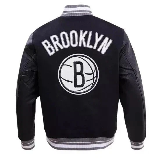 NBA Brooklyn Nets Basketball Varsity Jacket Wool & Leather Bomber Style Coat image 2