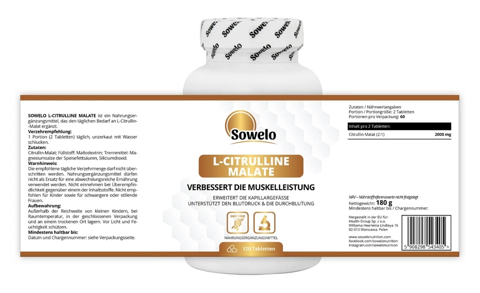 L-Citrullin Malat 1000 mg – Tabs – Muskelpump, Durchblutung & Leistung – Sowelo - Bild 2 von 4