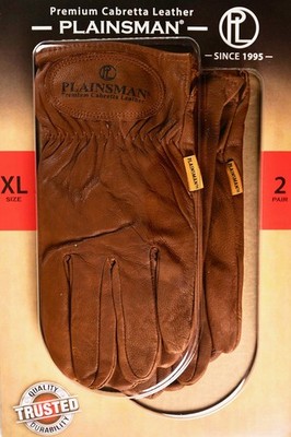 Plainsman Cabretta Goatskin Brown Leather Gloves, 2 Pairs, Size Extra-Large
