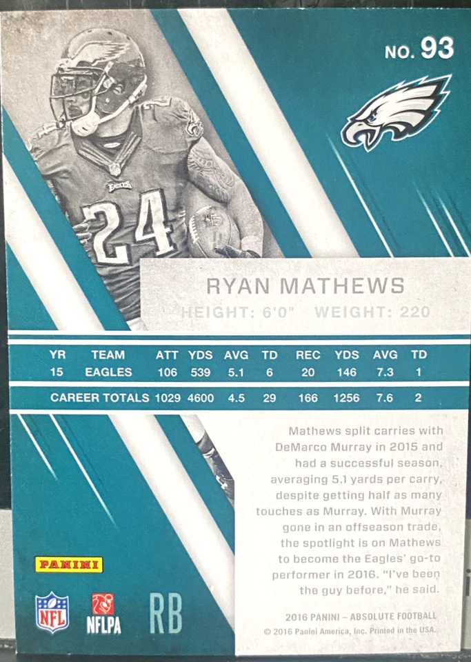 Ryan MATHEWS 2016 Panini Absolute Football #93 Philadelphia Eagles - Image 2 of 2