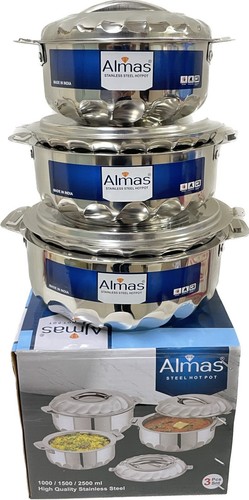 3pc Stainless Steel Hot Cold Insulated Casserole Double Wall Hotpot 1000-2500ml - Picture 2 of 5