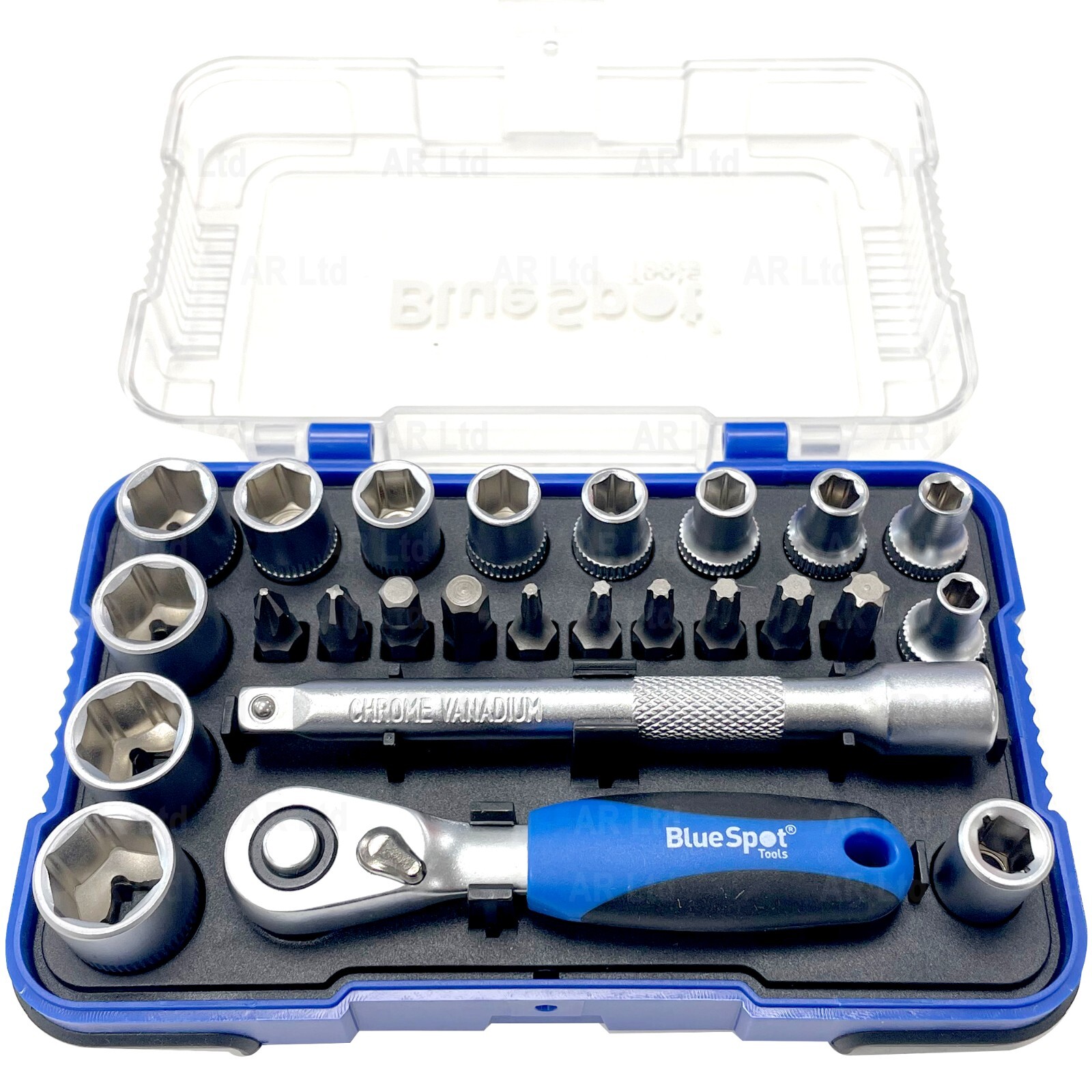 BlueSpot 1/4"" dr 25pc Metric Drive Ratchet Socket Screwdriver Bit Set 4-13mm
