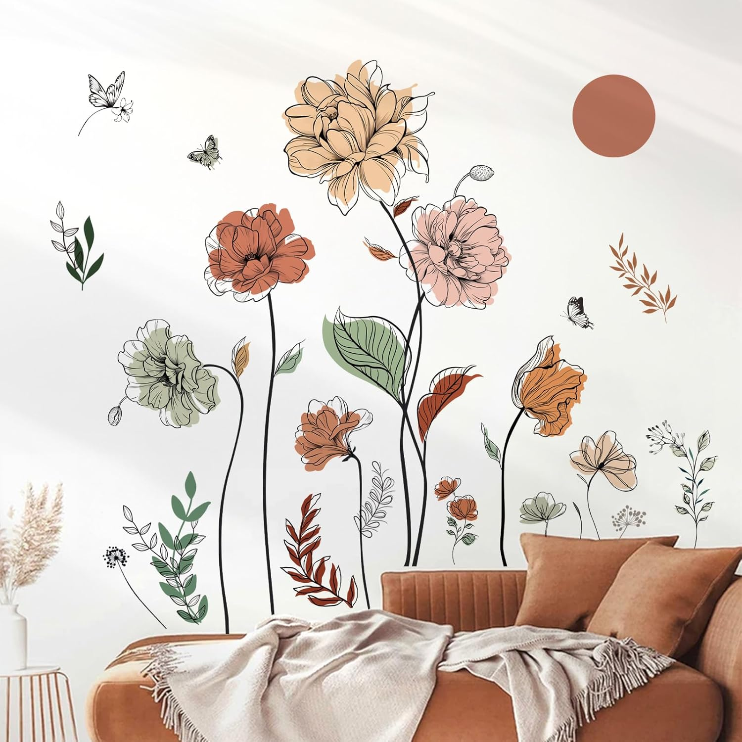 Boho Flower Wall Decals Floral Plants Grass Wall Stickers Living Room Bedroom Nu