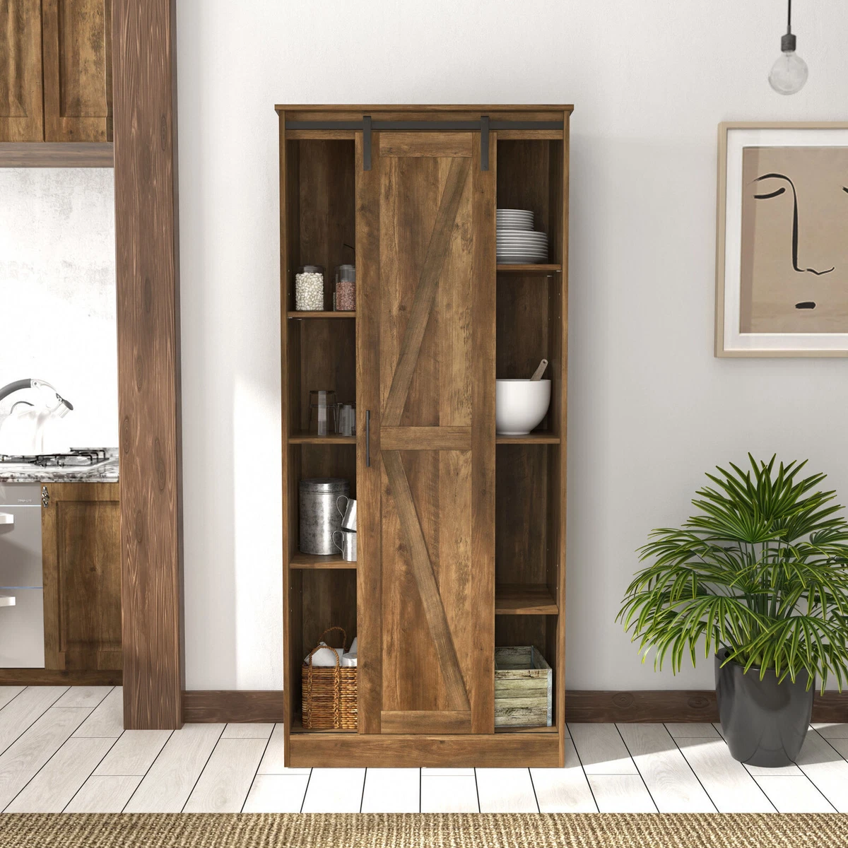 Sliding Barn Door Kitchen Pantry Storage Cabinet Tall Cupboard