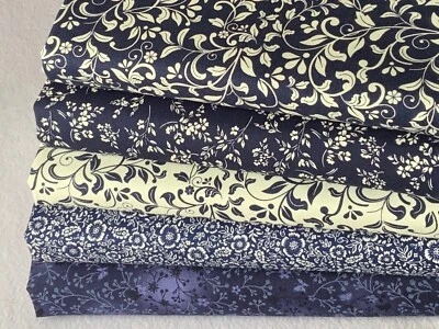 JOHN LOUDEN & ROSE AND HUBBLE FABRIC 100% cotton fat quarter bundle quality craft fabric floral vine navy ivory AA