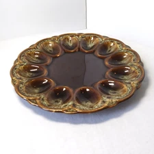 Antique Stoneware Deviled Egg Serving Platter Brown Peacock Drip Glaze 12 ct.