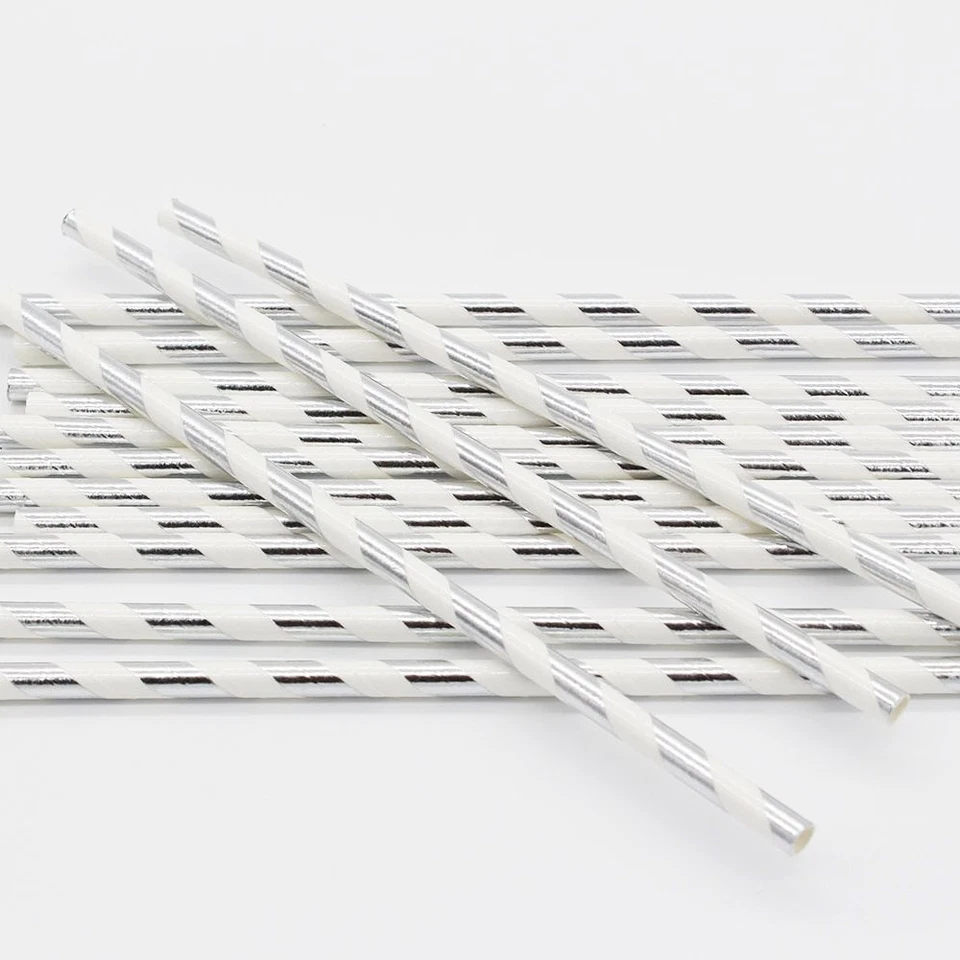 Pajitas de papel metálicas plateadas a rayas para fiesta de boda de San Valentín  Foto 4 de 4