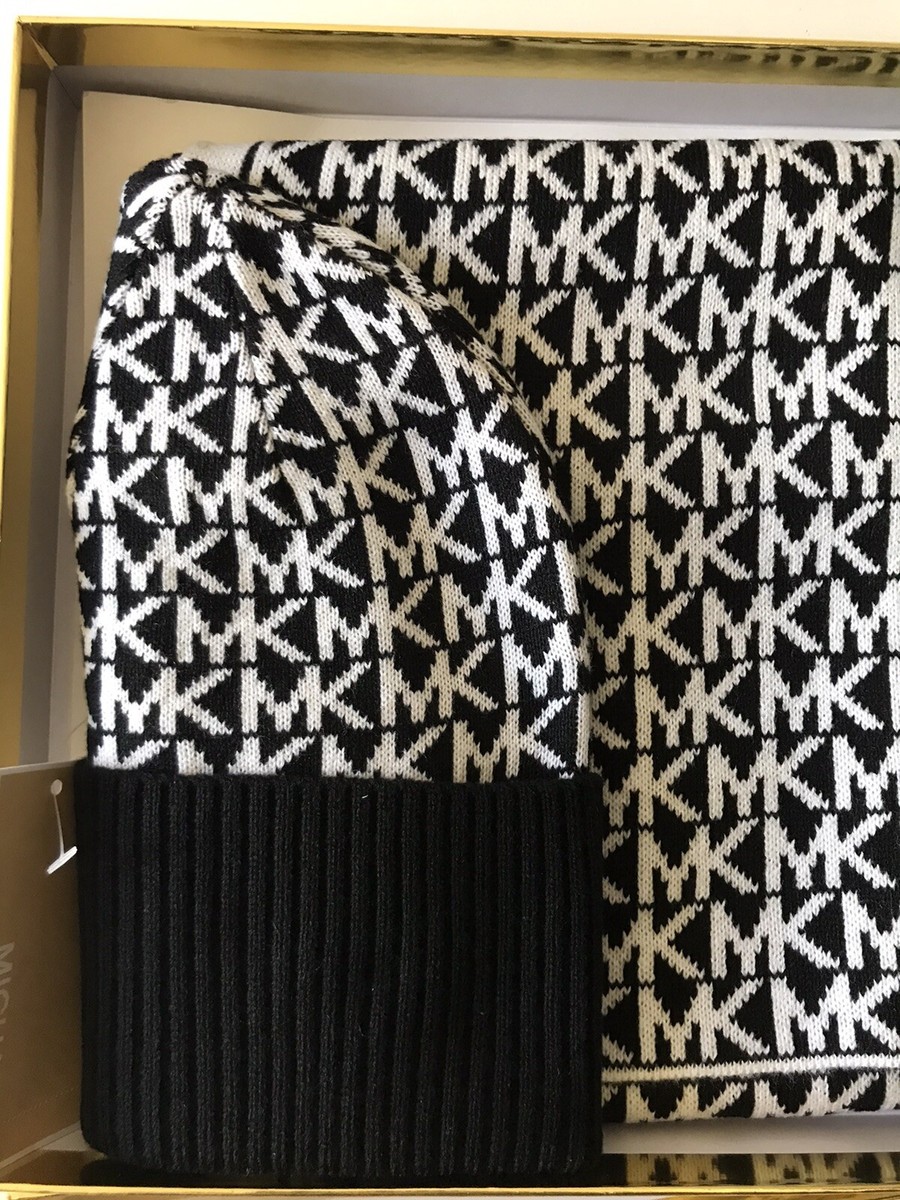 MICHAEL KORS BLACK/CREAM 3 PIECE SCARF/ HAT AND GLOVES REPEAT LOGO