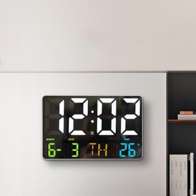 Large Digital Wall Clock Remote Control Light Sensing Temp Date Power Off Memory