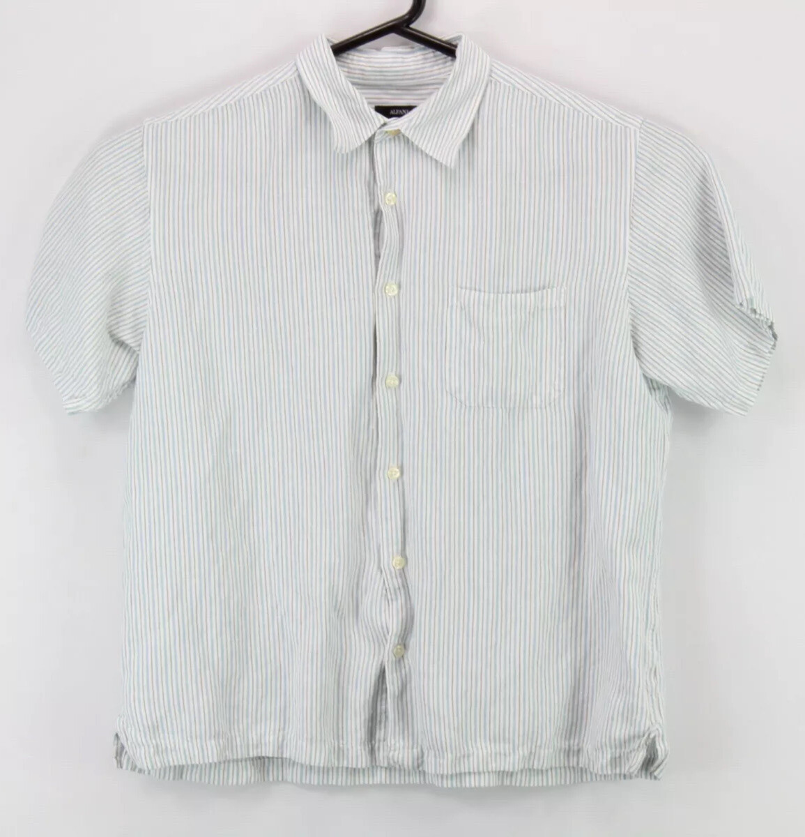 Alfani Mens Button Up SS Shirt Large Blue Multicolor Striped Linen Rayon Blend