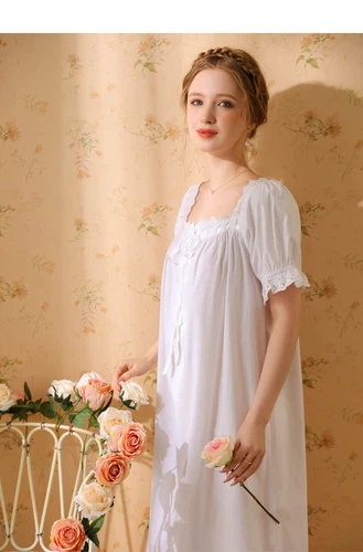 Damen Baumwolle Nachthemd Kurzarm eckiger Ausschnitt Pyjama Schlafkleid - Bild 22 von 34