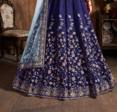 navy blue wedding dress indian NAVY BLUE SEQUINCE & ZARI EMBROIDERED GEORGETTE FESTIVE BRIDAL WEDDING & PARTY WEAR SEMI STITCHED LEHENGA