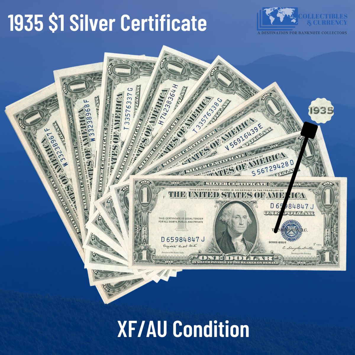✓ One 1935 Blue Seal $1 Dollar Silver Certificate, XF/AU, Old US