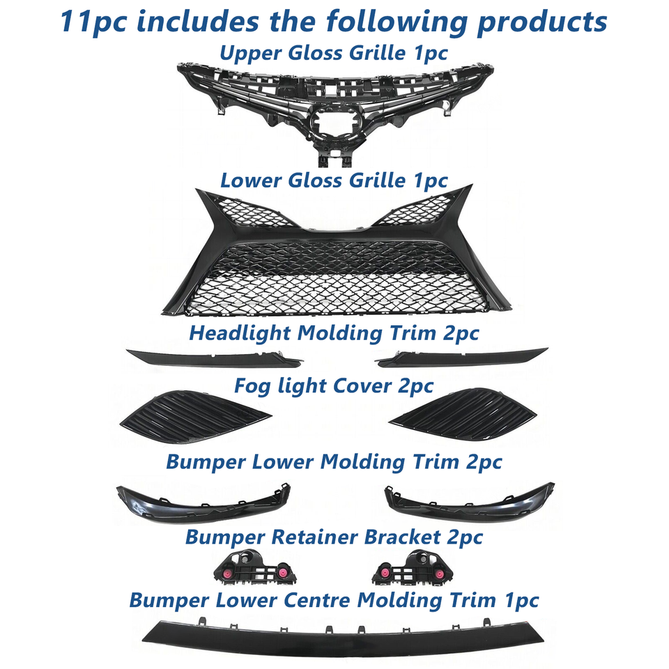 Front Bumper Grille Mesh & Trim Kit For 2018-2020 Toyota Camry SE - 11-Piece Black Set 8 thumbnail image