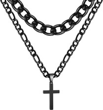 Layered Black Cross Necklaces for Men Cuban Figaro Chain Set Gift for Dad
