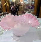 Vintage Fenton Art Glass Silver Crest pink milk glass ruffled bowl.