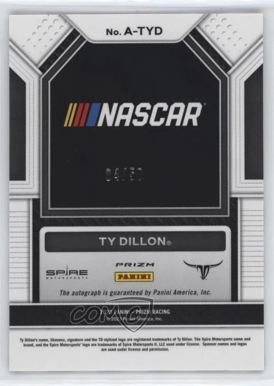 2023 Panini Prizm Auto Checkered Flag Prizm /50 Ty Dillon #A-TYD Auto - Image 2 of 2