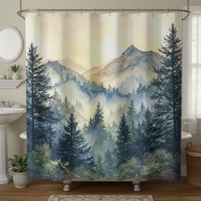 Misty Forest Mountain Shower Curtain Watercolor Pine Decor 72x72 Inch