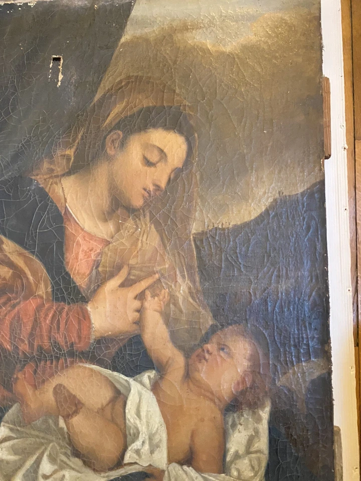 Vierge À L’enfant Tableau Ancien Religieux École Italienne ? Portrait Huile XIX - Photo 4/4