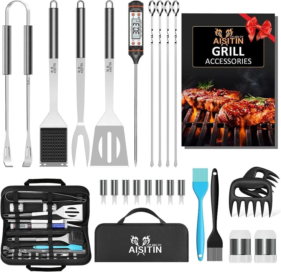 AISITIN BBQ Tool Set Stainless Steel Outdoor Grill Utensil Cooking Cutlery Kit with Case