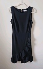 Calvin Klein Womens Ruffle Sheath Dress Size 10 Black Sleeveless Belted Stretch